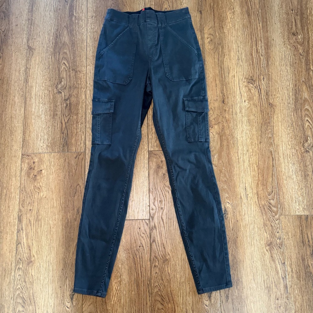 Spanx Gray Cargo Skinny Pants Stretch Twill Womens Size Large Tall Elastic Waist